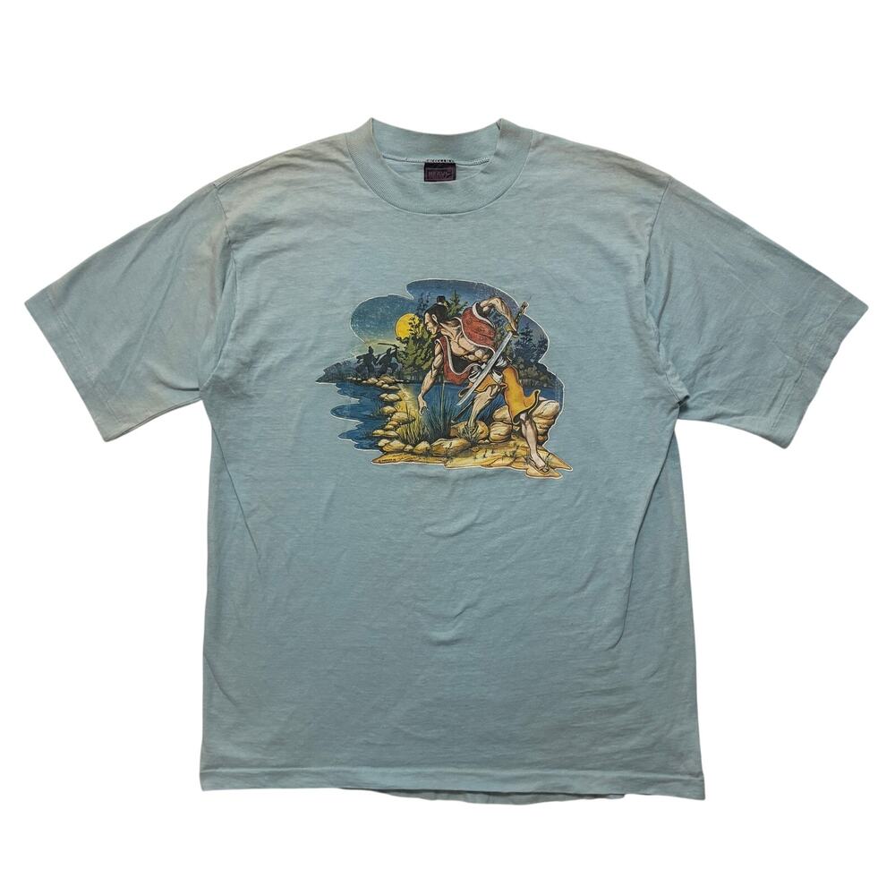 Vintage 70’s Samurai T-Shirt Faded Short Sleeve T-Shirt Men’s XL Light Blue